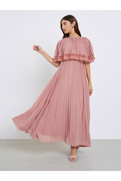 Styli Pink Lace Trim Pleated Maxi Evening Dress
