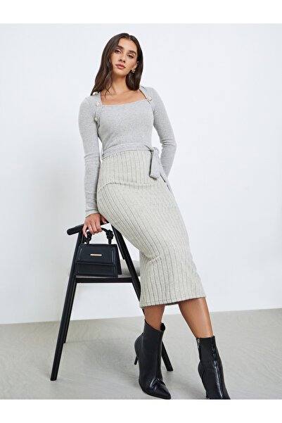 Styli Grey Ribbed Knit Long Sleeve Midi Dress