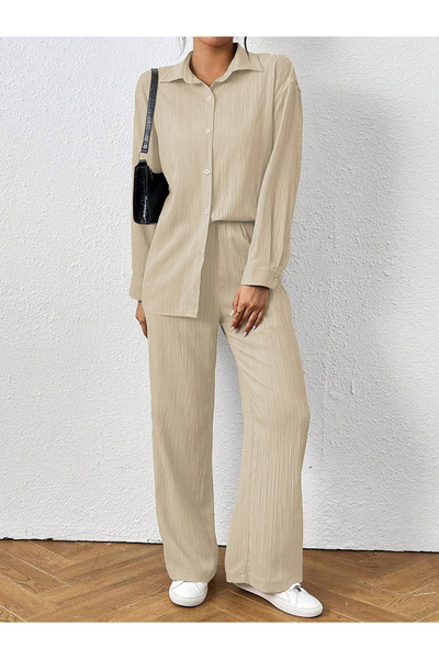 Take Two By Styli Women Textured Shirt and Wide Leg Pants Co-ords