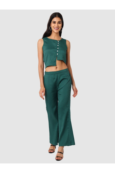 Freehand By Styli Green Textured Crop Top and Flare Trousers Co-Ords