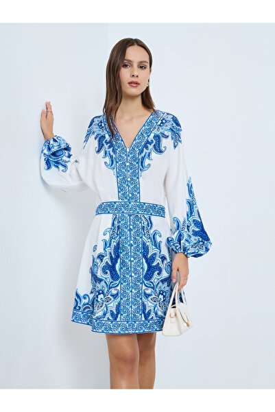 Take Two By Styli Blue Floral Printed Balloon Sleeve Mini Dress