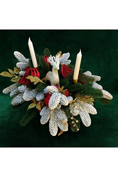 OEM Premium Christmas Arrangement in Golden Bamboo Basket with Snowy Fir, Gold Candle Holders & Red Velv