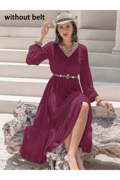 Take Two By Styli Women Solid Tie-Up Neck Lace Detail Midi Dress