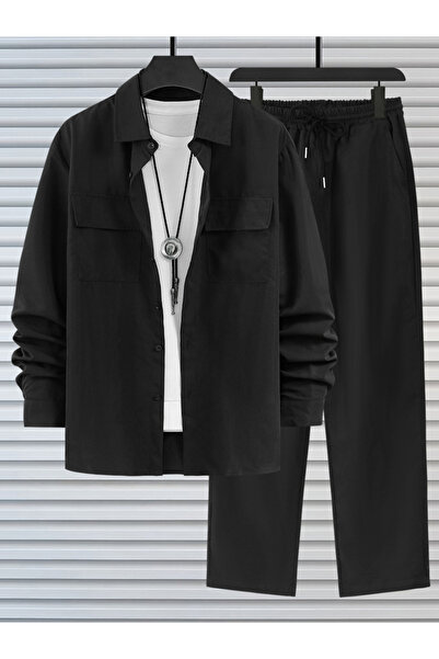 Take Two By Styli Men Black Casual Shirt and Drawstring Pants Co-ords