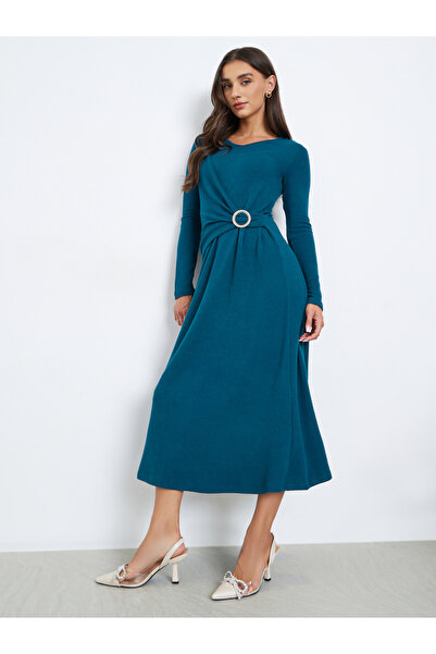 Styli Teal Embellished Buckle A-Line Midi Dress