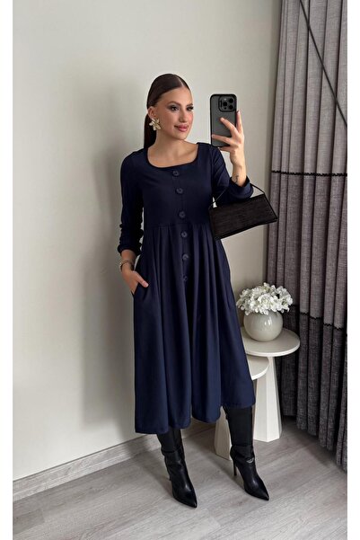 Miasista Pileli Düğmeli Midiboy Elbise