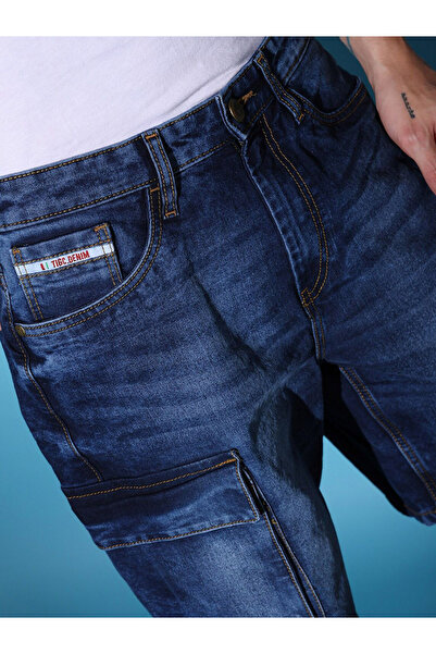 The Indian Garage Co By Styli Men Blue Acid Wash Denim Cargo Shorts