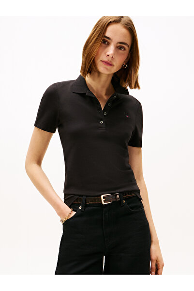 Tommy Hilfiger Women Black 1985 Collection Slim Fit Pique Polo T-Shirt