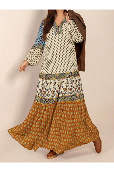 Take Two By Styli Women Bohemian Print Color Block Maxi Dress