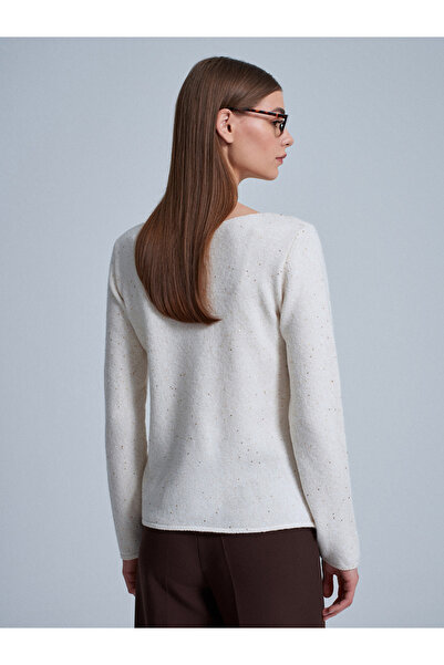 Dilvin 10836 Wool Blend Glitter Boat Neck Sweater-Cream