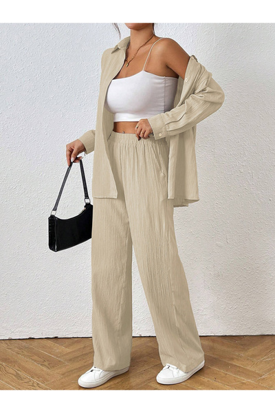 Take Two By Styli Women Textured Shirt and Wide Leg Pants Co-ords