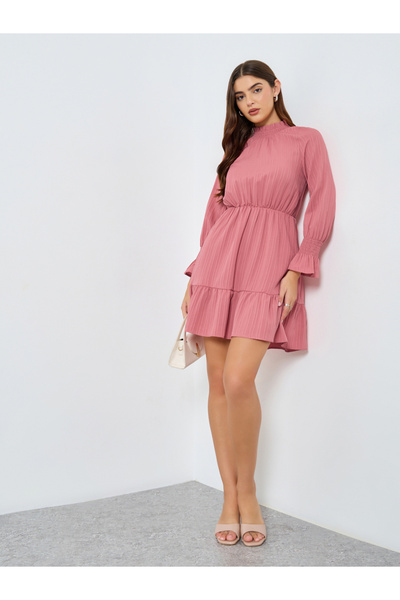 Take Two By Styli Solid Textured Smocking Cuff Fitted Waist Mini Dress