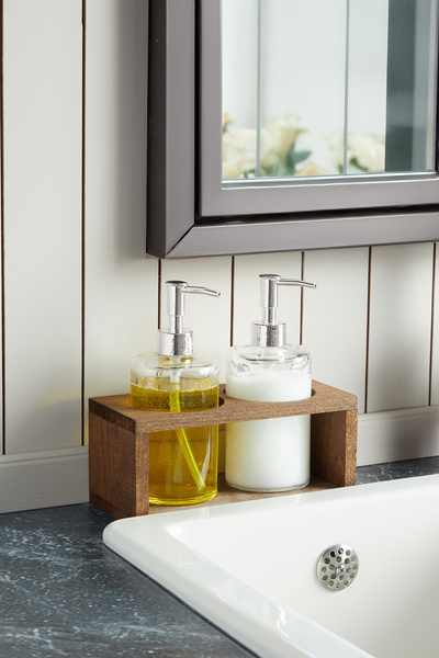 hapeed Pure Model Glass Liquid Soap Dispenser Set with Wooden Stand, Set of 2