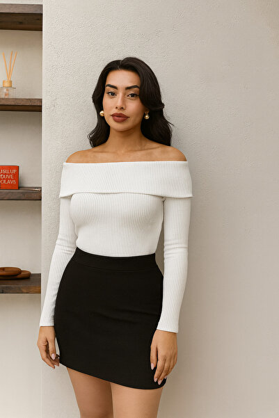 RAMİOR COLLECTION Omzu Light White Women's Knitwear Blouse – Flexible Fabric, Long Sleeves, Stylish Fit Model