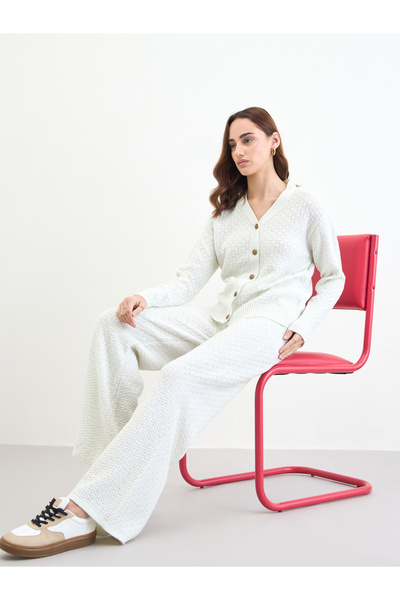Styli Off White Lurex Knit Cardigan and Pants Co-Ords