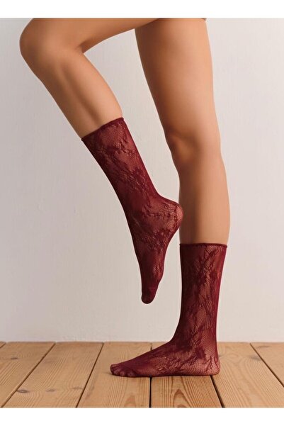 DÜVEN Burgundy Roses Lace Socks