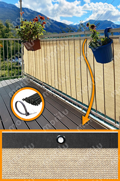 Morilu %95lik KREM Balkon Perdesi - SİYAH Şeritli Halkalı - Balkon Demiri Fil...