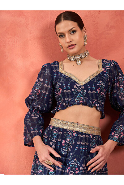 Sassafras By Styli Floral Hem Frill Crop Top with Anarkali Skirt Set