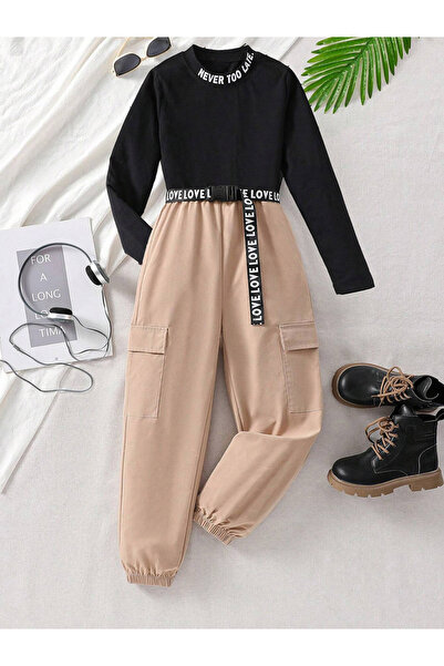 Take Two By Styli Girls Slogan Print Top with Pocket Detail Pants Set