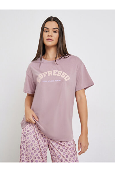 Styli Espresso Slogan Print Dropped Shoulder T-Shirt and Pyjama Set