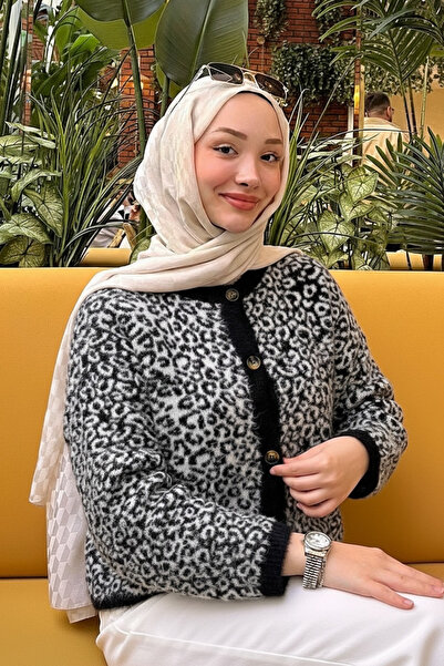 NEWCO Leopard Patterned Buttoned 100% Acrylic Beard Knitwear Sweater Cardigan