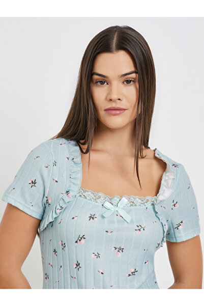 Styli Textured Ditsy Floral Lettuce Hem Bolero Sleeve Top and Pyjama Set