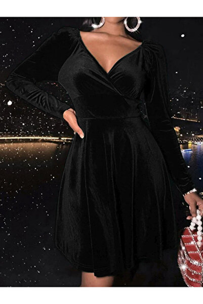 Take Two By Styli Women Black Velvet Look V-Neck Mini Dress