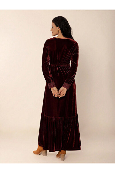 Take Two By Styli Burgundy Velvet Maxi Dress with Lace Trim Detail