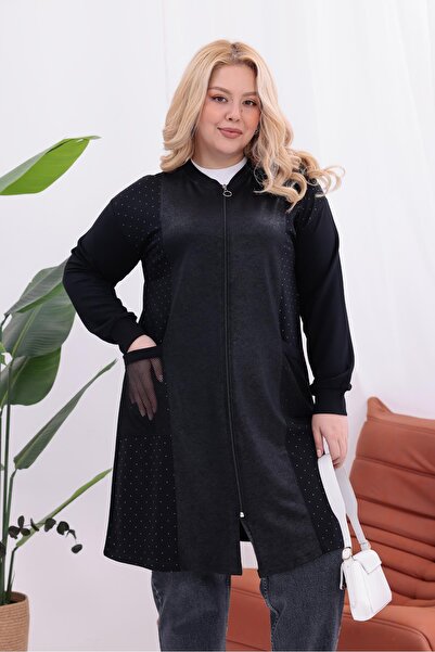 Siyezen Plus Size Zippered Cardigan with Mesh Pocket Detail and Rhinestones