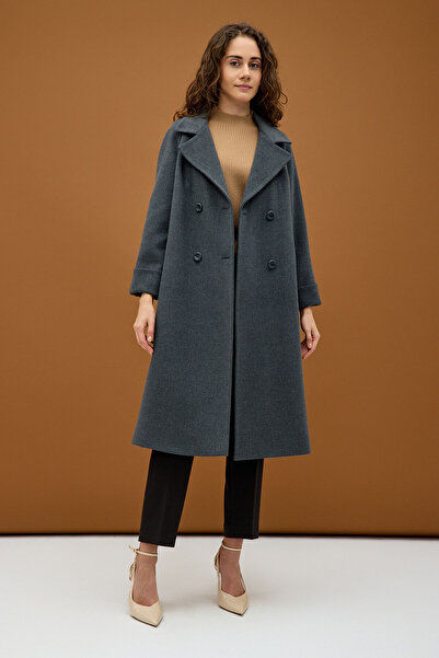 KENT Koyu Gri Çift Düğmeli Cepli Kuşaklı Uzun Kaban