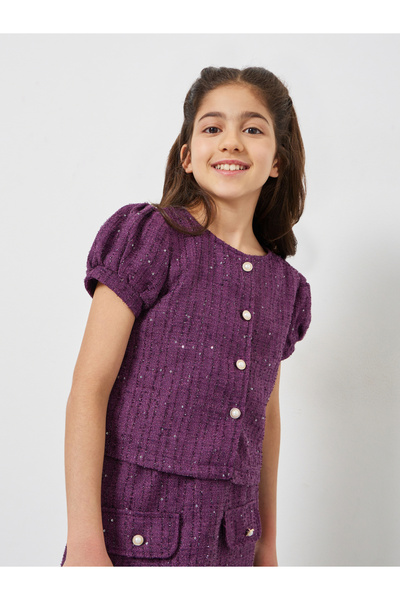 Styli Teens Purple Tweed Top and Skirt Set