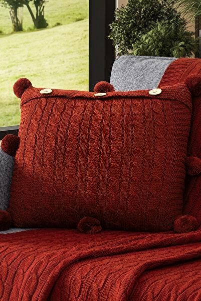 Sevim Pompom Knitted Throw Pillow Cover - 40X40 cm Square Pillowcase - Tile