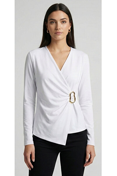 MELA ROSSA Women's White V-Neck Gathered Buckle Long Sleeve Interlock Fabric Blouse