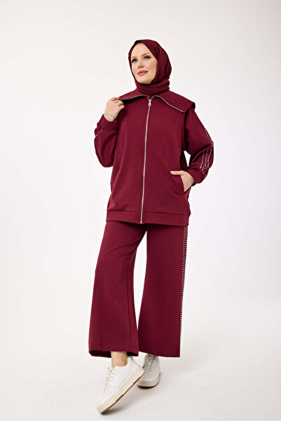 My City 6084 - Stylish Comfortable Cotton Wide Collar, Stone Detailed Pants Long Jacket Set