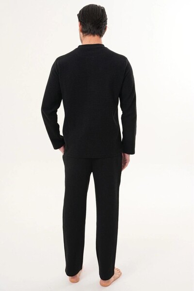 PREGNANT WORLD Men's Black Crew Neck Design Thessaloniki Fabric Winter Plus Size (Oversized) Pajama Set