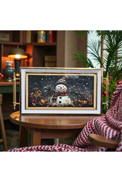 Ulus Home 18X30 cm Snow Themed Christmas Snowman Framed Decorative Tray with Metal Gold Handles