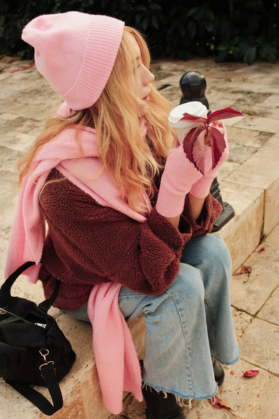 CHUBA Women's Knitwear Scarf & Beanie & Gloves Three-Piece Set Pink 26W5006