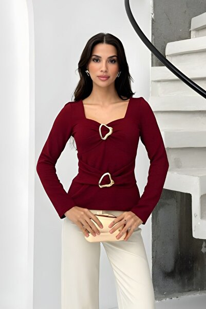 AKD Atelier Women Blouse Double Buckle Long Sleeve Square Neck Stylish Blouse