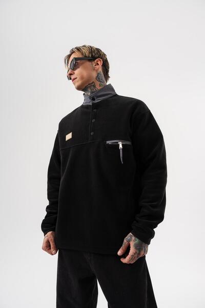 Respire Men's Half Zip Oversized Fleece Jacket Black