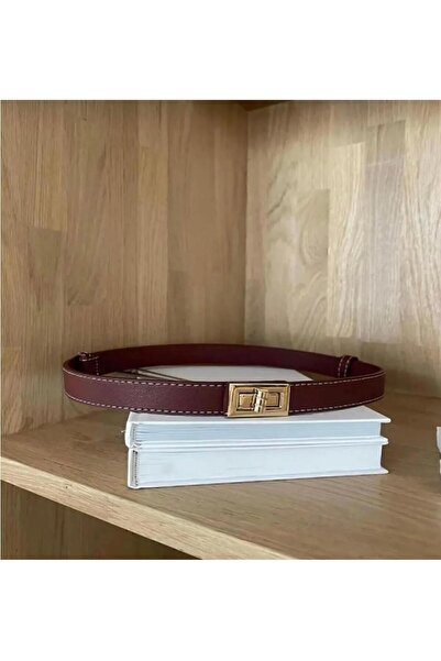 NOİR LUXE حزام نسائي بإبزيم ذهبي مخيط باللون البني المر، حزام بنطلون، حزام فس...