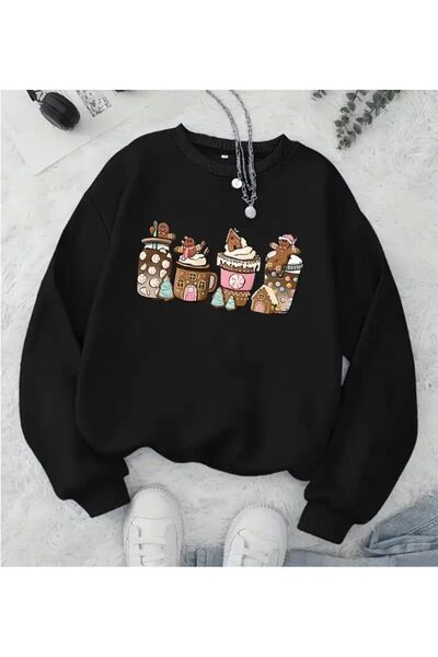 herkesemoda Φούτερ με λαιμόκοψη με λεπτομέρεια εκτύπωσης με φλιτζάνια καφέ