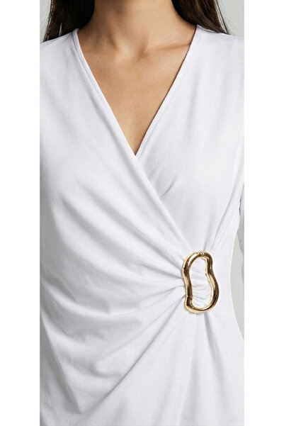 MELA ROSSA Women's White V-Neck Gathered Buckle Long Sleeve Interlock Fabric Blouse