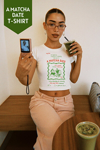 Mim and More A Matcha Date Printed Crop T-Shirt – Modal Fabric, Stretchy and Comfortable, Women's T-Shirt