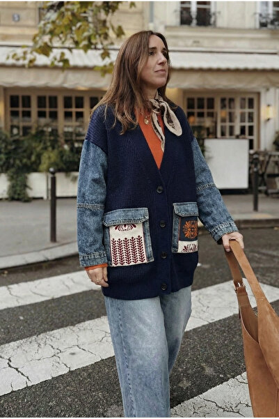 FEMELLE Women's Navy Blue Denim Pocket Kilim Pattern Sleeves Denim Oversized Buttoned 100% Cotton Knitwear Cardigan