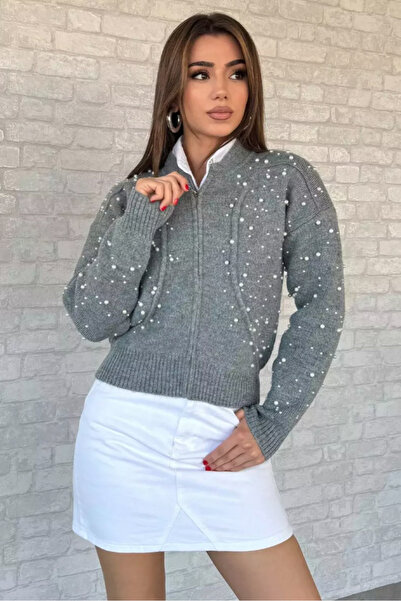 Mila Gray Pearl Zippered Knit Cardigan