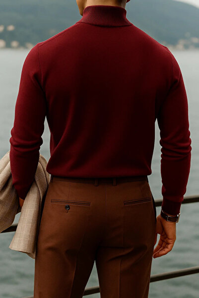 COMBİNE MİCHAİL Men's High Neck Casual Burgundy Knit Sweater