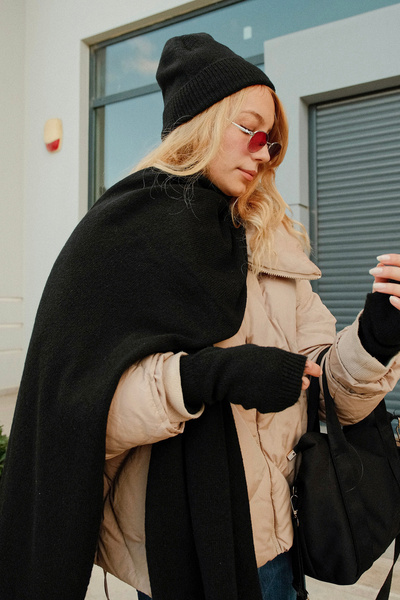 CHUBA Women's Knitwear Scarf & Beanie & Gloves Three-Piece Set Black 26W5006