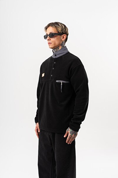 Respire Men's Half Zip Oversized Fleece Jacket Black