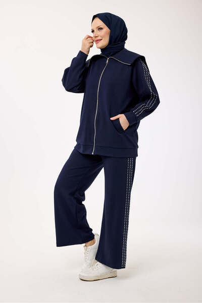 My City 6084 - Stylish Comfortable Cotton Wide Collar, Stone Detailed Pants Long Jacket Set