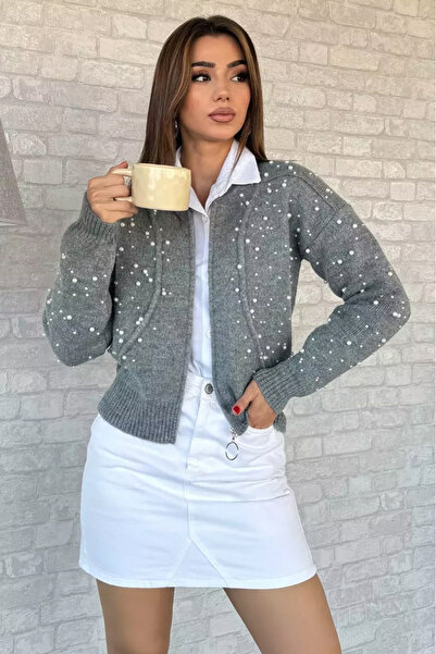 Mila Gray Pearl Zippered Knit Cardigan